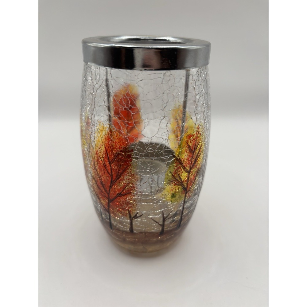 YANKEE CANDLE CRACKLE GLASS FALL TREES TEA LIGHT CANDLE HOLDER 5" AUTUMN~RETIRED